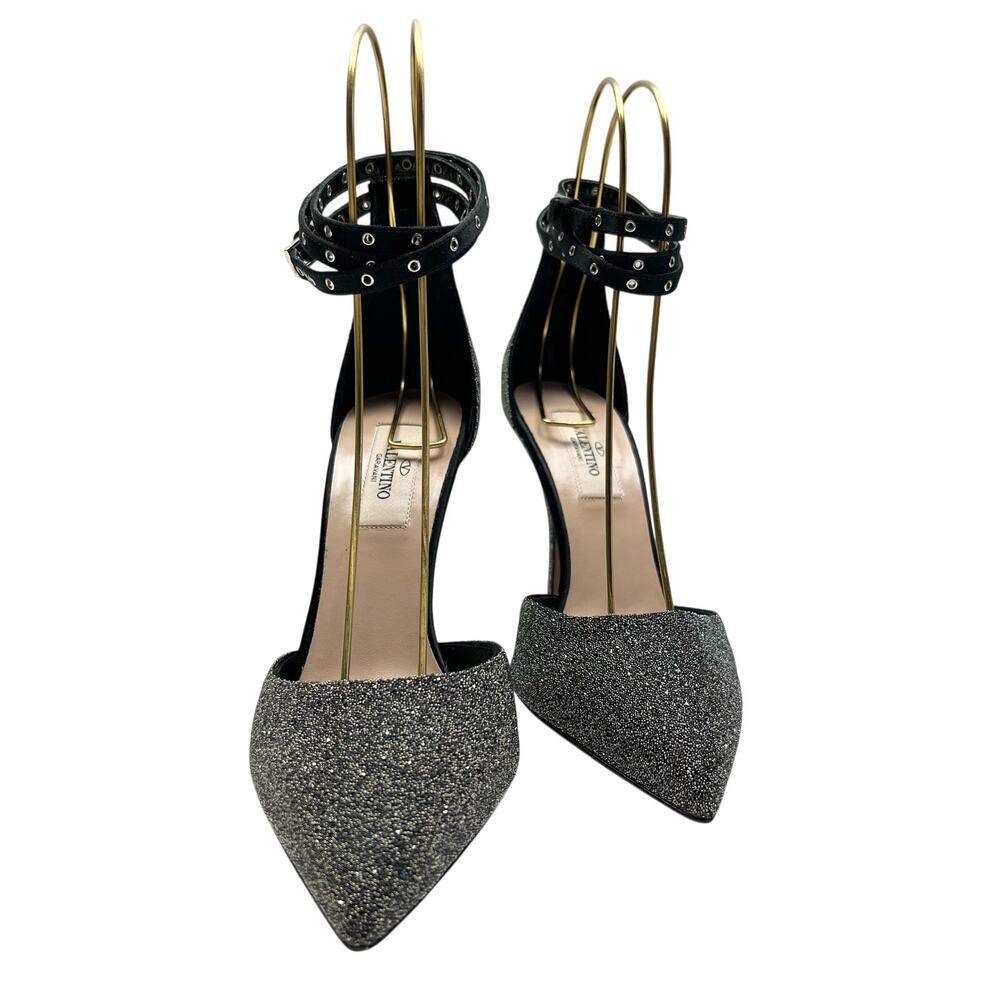 VALENTINO GARAVANI Glitter Ankle Strap Pumps EU 38 US 8 Silver Metallic Heels - Picture 3 of 11